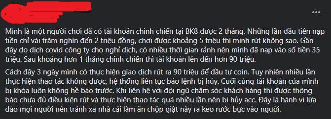 Nội dung phốt BK8 quỵt tiền 90 triệu Nội dung phốt BK8 quỵt tiền 90 triệu